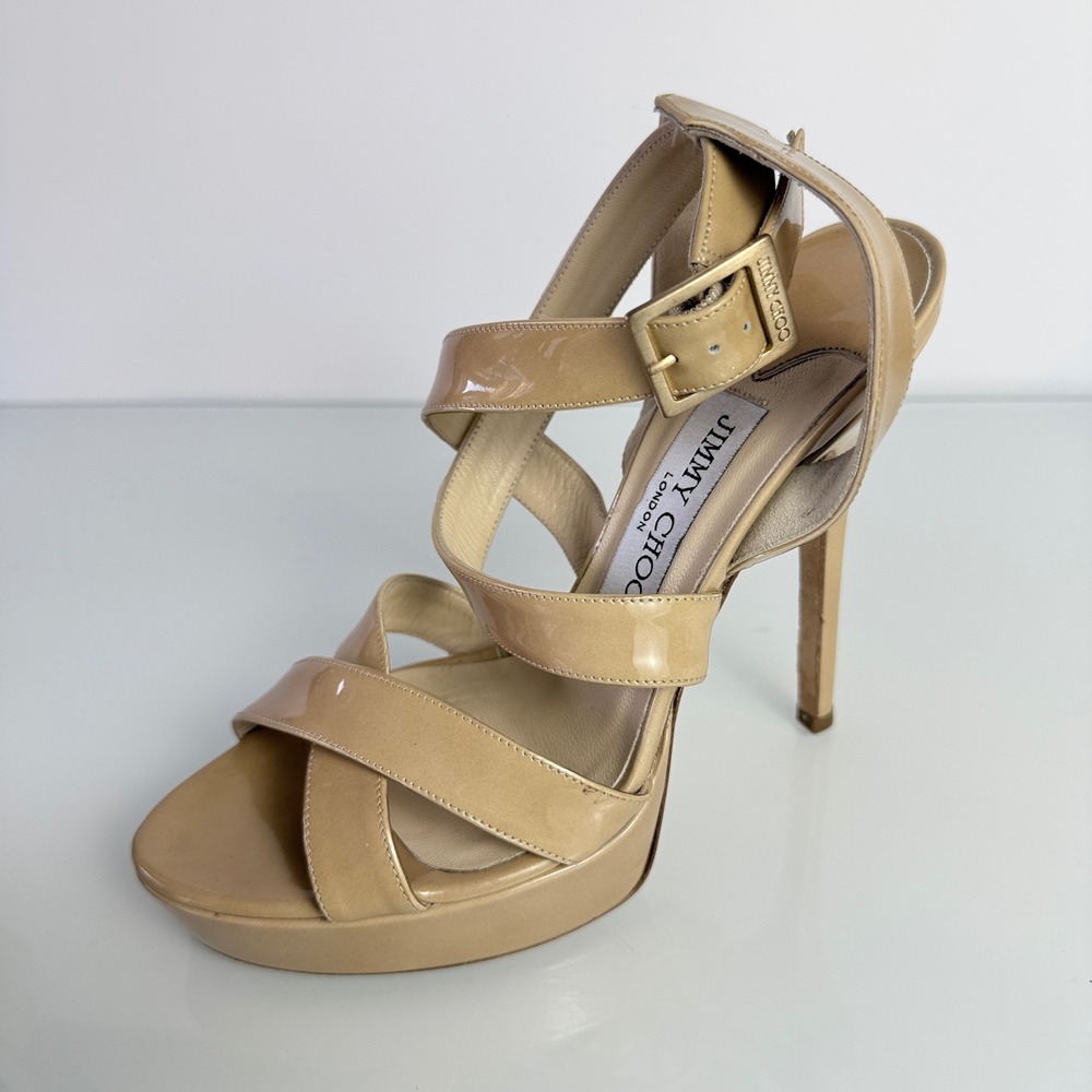 Jimmy Choo Vamp Platform Sandals Womens 36 Beige Patent Leather Strappy Heel